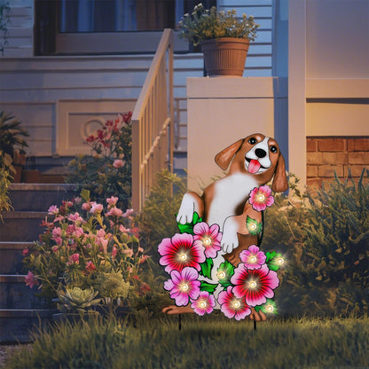 WONDER GARDEN Decorative Garden Stakes - Lighted Dog and Flower Yard Sign Stakes Spring Signs for Outdoor, Porch, Yard,Flower Bed Decor (Battery Operated)