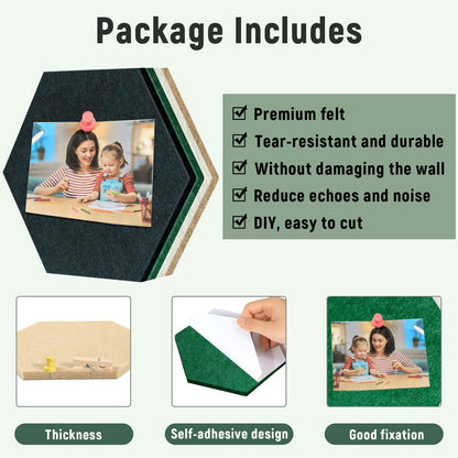 16Pcs Hexagon Felt Cork Board Tiles Self Adhesive Hexagon Wall Tiles with 60 Push Pins 20 Wooden Clips DIY Bulletin Board Pin Boards for School Office Home Photos Memos Display (Green Brown)