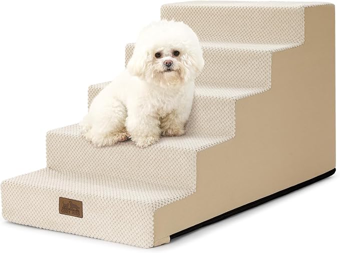 COZY KISS Dog Stairs for Small Dogs 17.7" H, 5-Step Gentle Incline Pet Step for Couch and Beds, Right-Angle Dog Ramp for Puppy Doggie Senior Cats, 17.7x29.5x17.7 Inch, Beige
