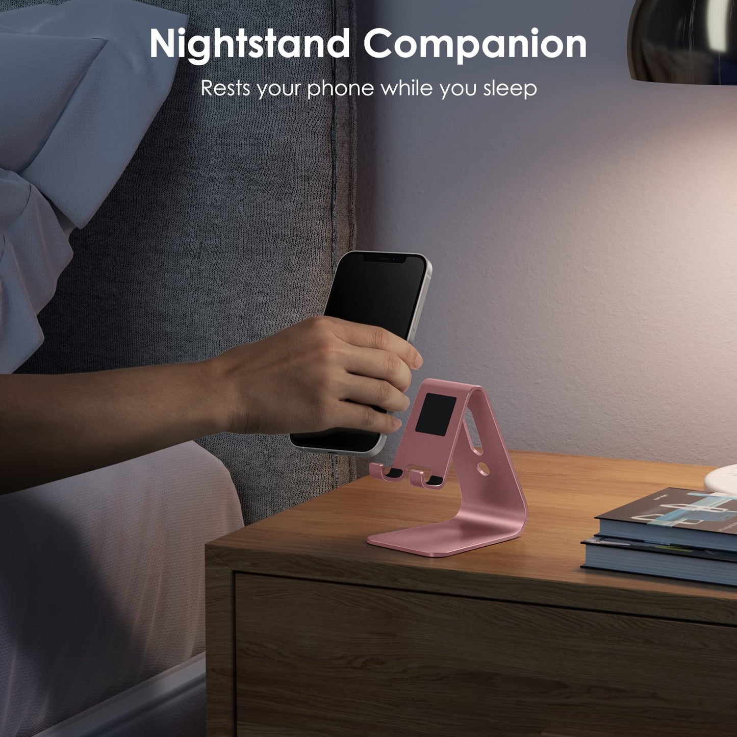 OMOTON Upgraded Aluminum Cell Phone Stand for Desk, C1 Durable Cellphone Dock with Protective Pads, Smart Stand Designed for iPhone17, 16/15/14/13 Pro Max Air, iPad mini, Android Phones,Rose Gold
