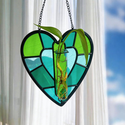 Stained Glass Plant Propagation Station, Handmade Suncatchers Window Hanging Decor, Hanging Hydroponic Planter Terrarium with 2 Glass Tubes for Mother's Day Home & Garden Decor, Green, Indoor Outdoor