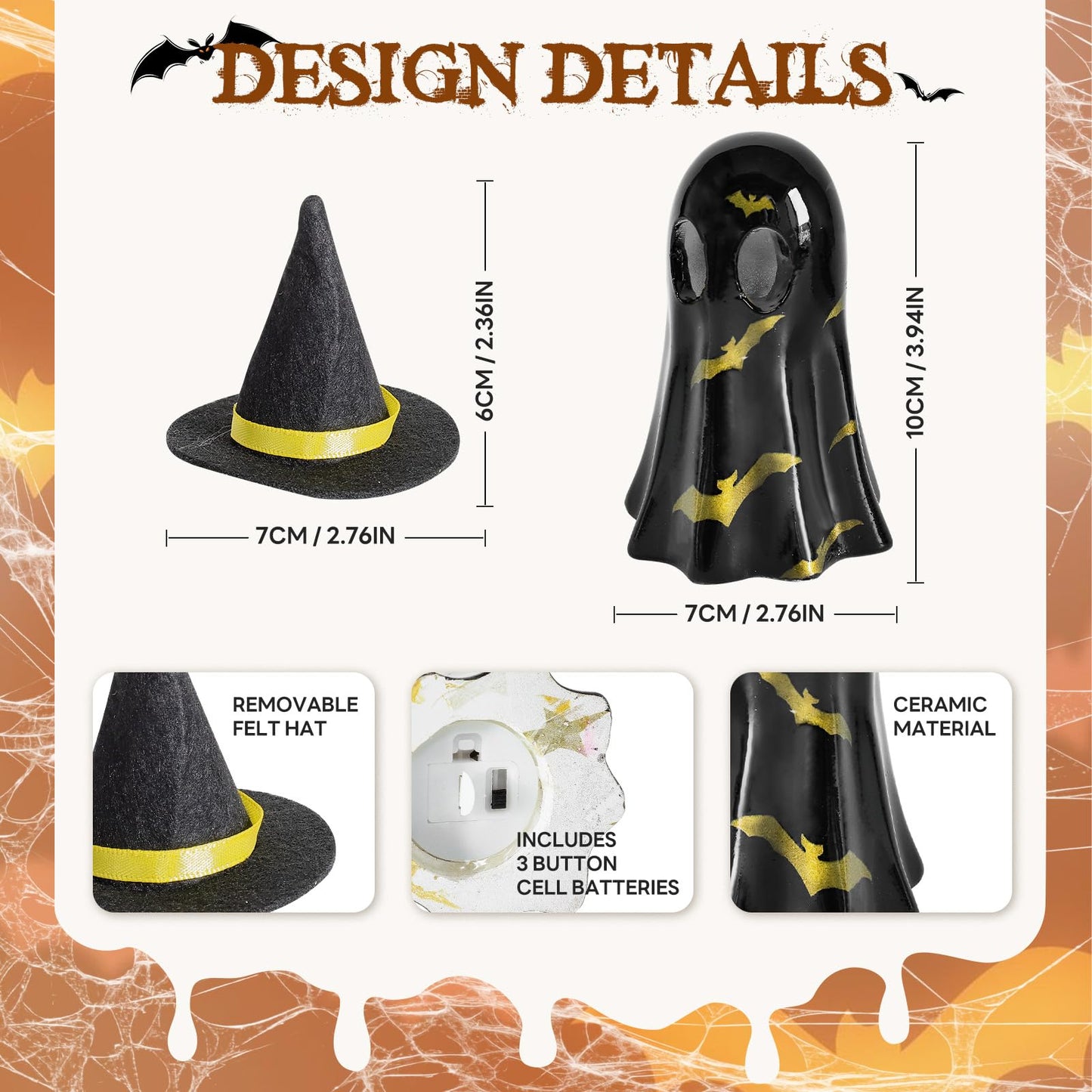 Cute Ghost Wearing a Hat for Halloween Decor Indoor, 3D Resin Night Light, Simple Pottery Barn Halloween Decor for Party Bedroom Study Room Funny Gifts Indoor 3D LED Nightlight Figurine (Black)