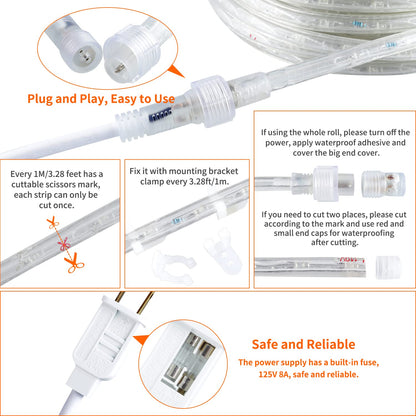 YQNLIFA LED Rope Lights, Dimmable 40ft, 432 LEDs, IP65 Waterproof, Warm White, Model WD12, Cuttable for Indoor/Outdoor Use