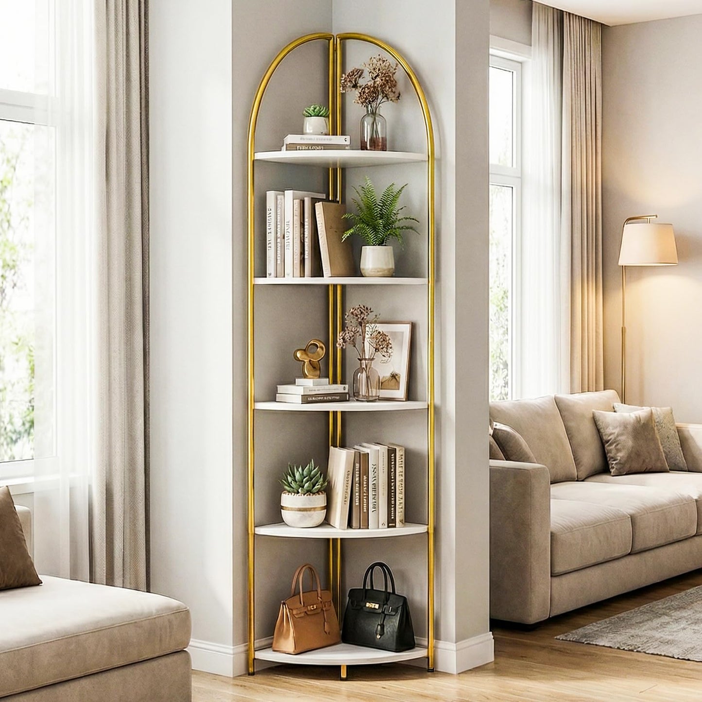 Rifoer 5 Tier Corner Shelf, Luxury Gold Corner Plant Stand with White Wood Shelves,Modern Metal Corner Bookshelf Display Rack,Premium Corner Storage Shelving Unit for Living Room,Bedroom,Bathroom