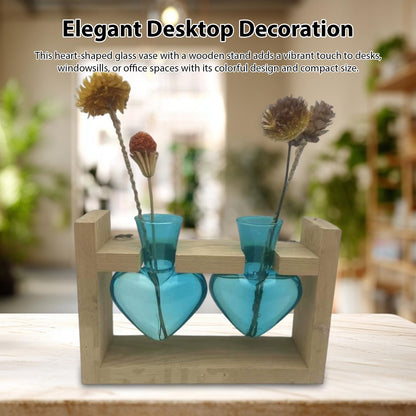 Luocute Heart Shaped Glass Vase, Plant Terrarium Propagation Station with Wooden Stand for Home Office Decor Hydroponics Garden