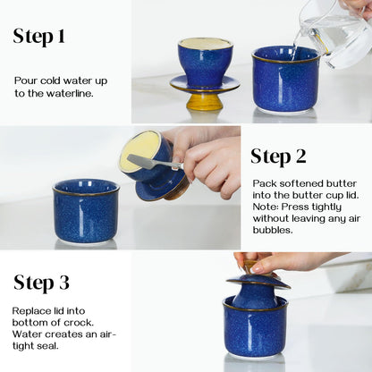 DOWAN French Butter Crock, Ceramic Dish With Lid for Countertop and Fridge, Keeper With Waterline, Flip-Top Container & Spreader, Reactive Glaze Holder, Blue