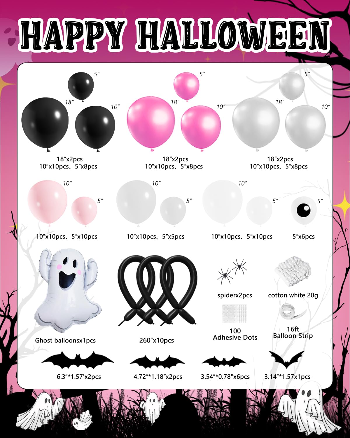 136Pcs Halloween Balloon Garland Arch Kit with Pink White Black Sliver Grey Eyes Balloons, Ghost Foil Balloon, Bats, Spider Web for Halloween Party