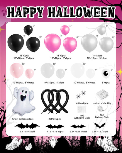 136Pcs Halloween Balloon Garland Arch Kit with Pink White Black Sliver Grey Eyes Balloons, Ghost Foil Balloon, Bats, Spider Web for Halloween Party