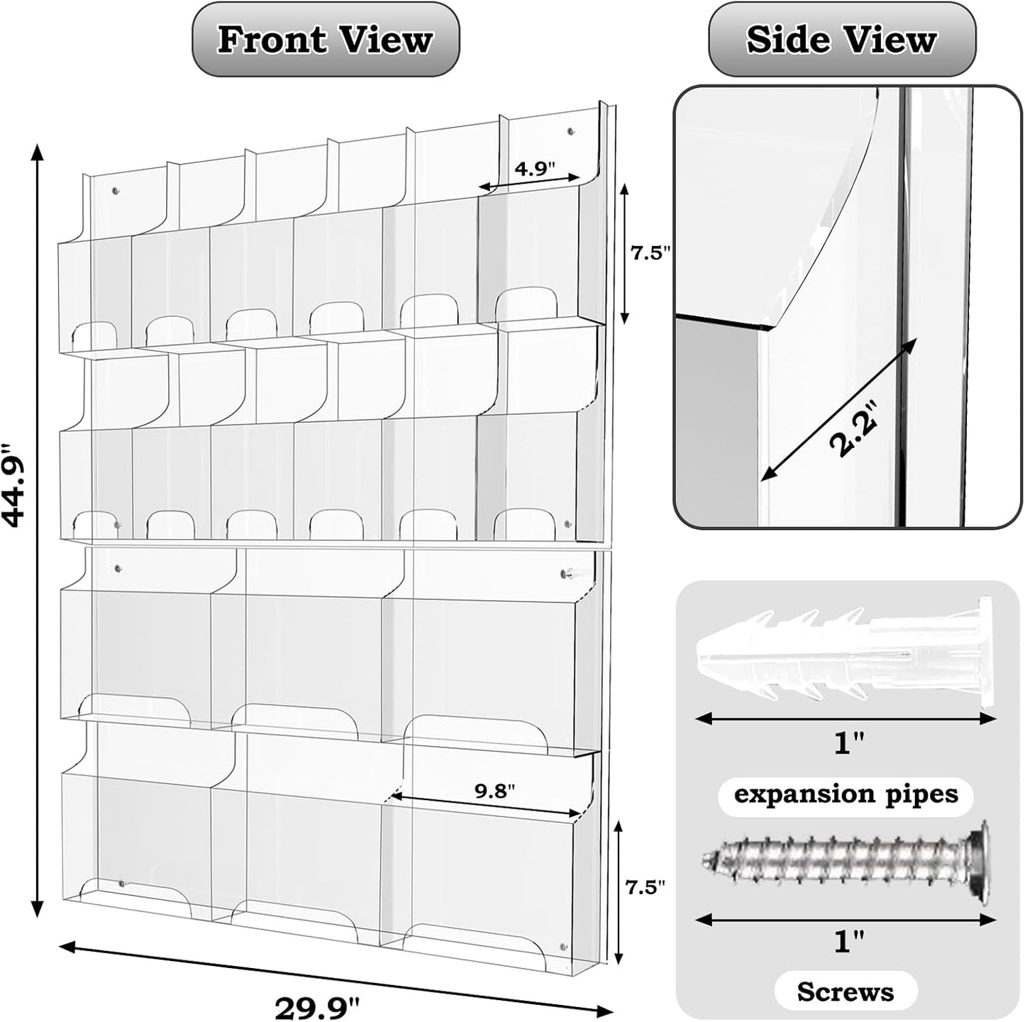 Acrylic Brochure Pamphlet Holder, 6 Magazine Holders and 12 Pamphlet Holders, Clear Brochure Display Holder Wall Mount, Trifold Flyer Rack, Literature Storage Rack for Home, Offices, Waiting Room