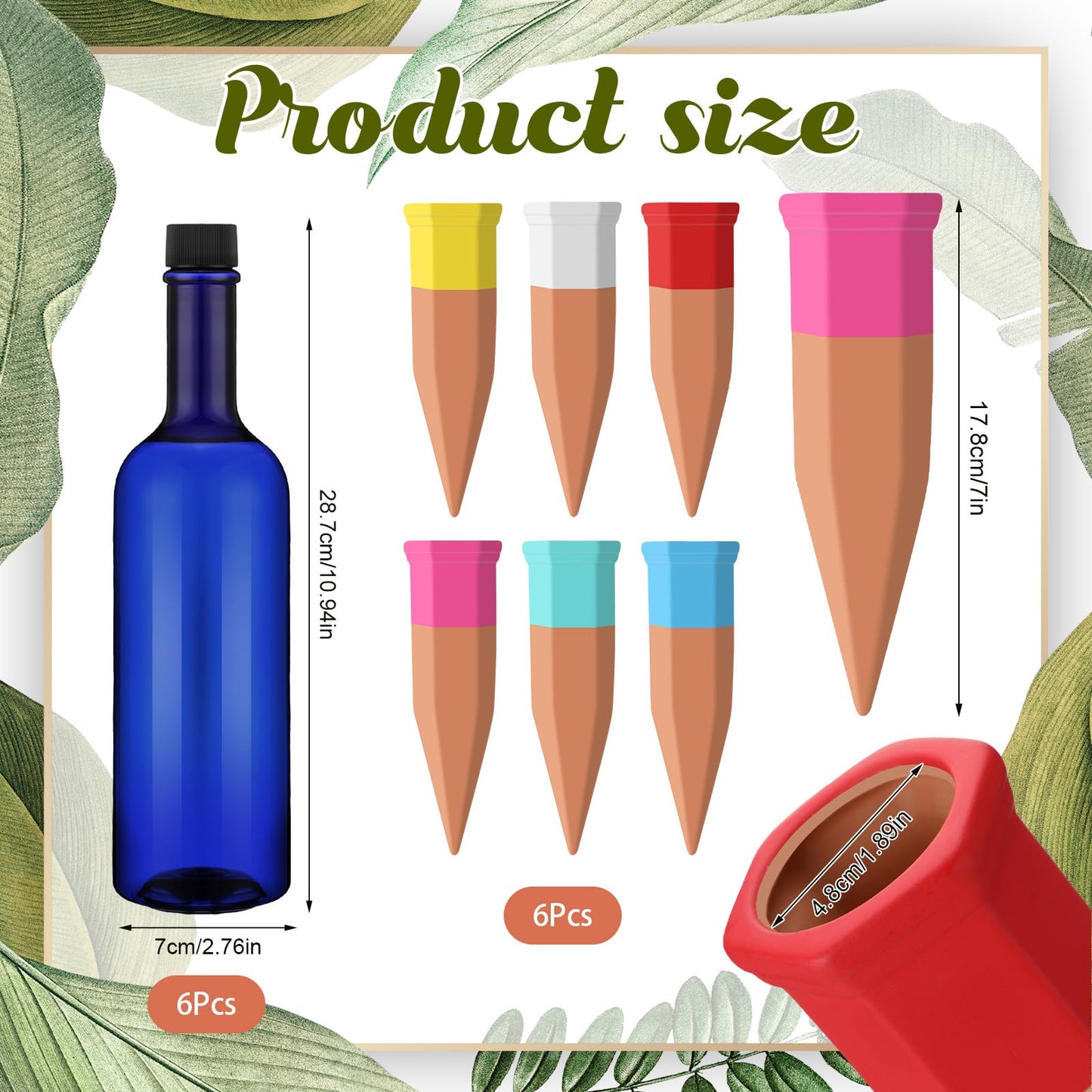 SiliFine 6 Sets Plant Watering Devices Include Terracotta Self Watering Spikes and 26 oz Plastic Bottles, Slow Release Vacation Insert Automatic Plant Waterer Device (Blue and Mixed Color)