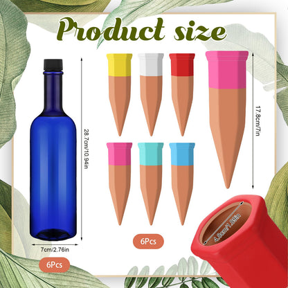 SiliFine 6 Sets Plant Watering Devices Include Terracotta Self Watering Spikes and 26 oz Plastic Bottles, Slow Release Vacation Insert Automatic Plant Waterer Device (Blue and Mixed Color)