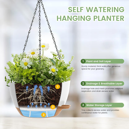 2 Pack 12 Hanging Flower Pots with Chains Self Watering Plastic Planters for Indoor Outdoor Plants, Sturdy Triangular Iron Chain Design for Garden PorchPlastic hanging flower pots (2, White-brown)