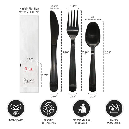 Party Essentials Individually Wrapped Plastic Cutlery Kits/Packets, Includes Heavy Duty Black Fork/Spoon/Knife/Napkin/Salt/Pepper, 250 Sets