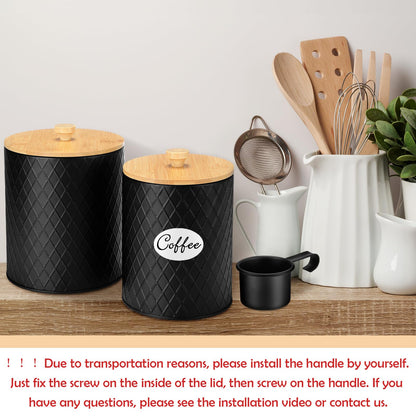 Reallnaive 2 Pcs Black Coffee Canister Set for Kitchen Countertop Bar Flour Sugar Tea Storage Container Farmhouse Metal Spice Jar with Airtight Bamboo Lid Spoon & Labels Housewarming Gift (2 Sizes)