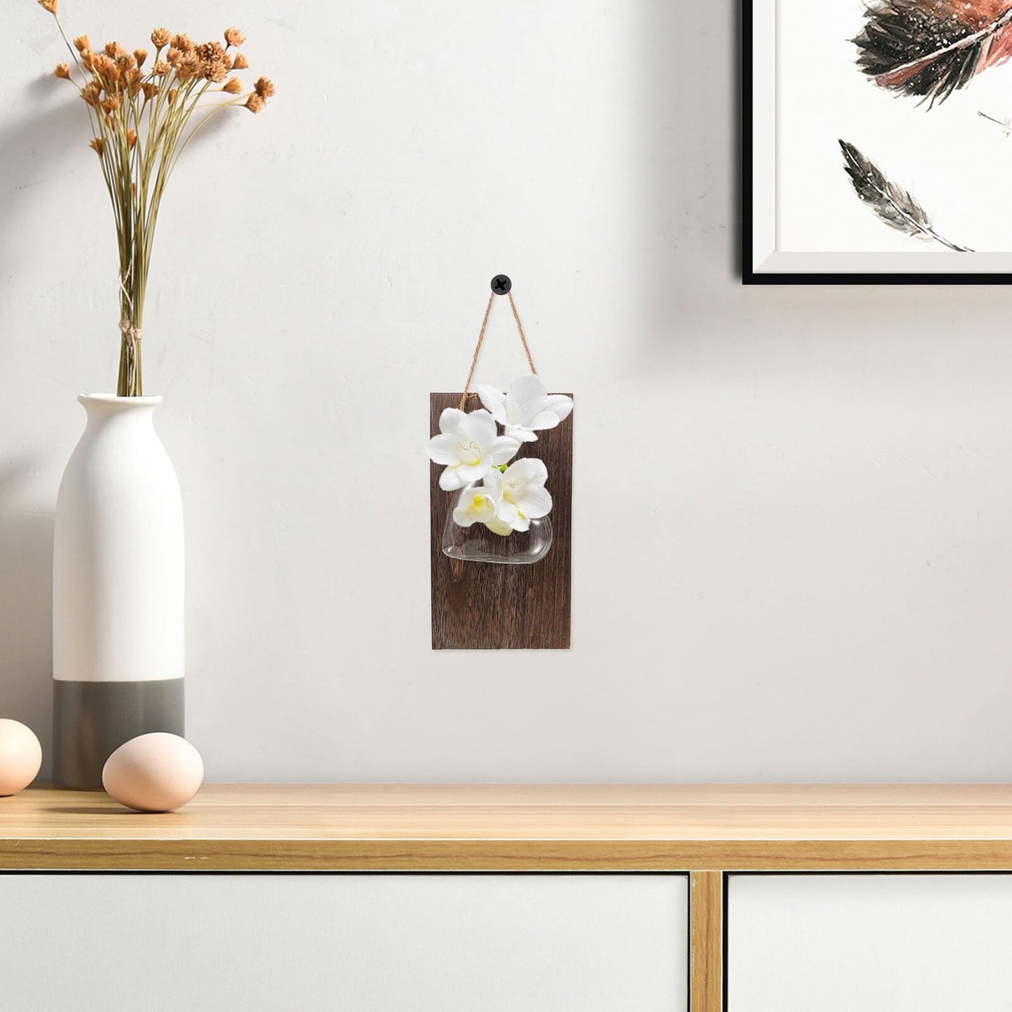Hemobllo Wall Mounted Glass Vase Hydroponic Planter with Wooden Stand Indoor Terrarium for Table Decoration and Plant Propagation