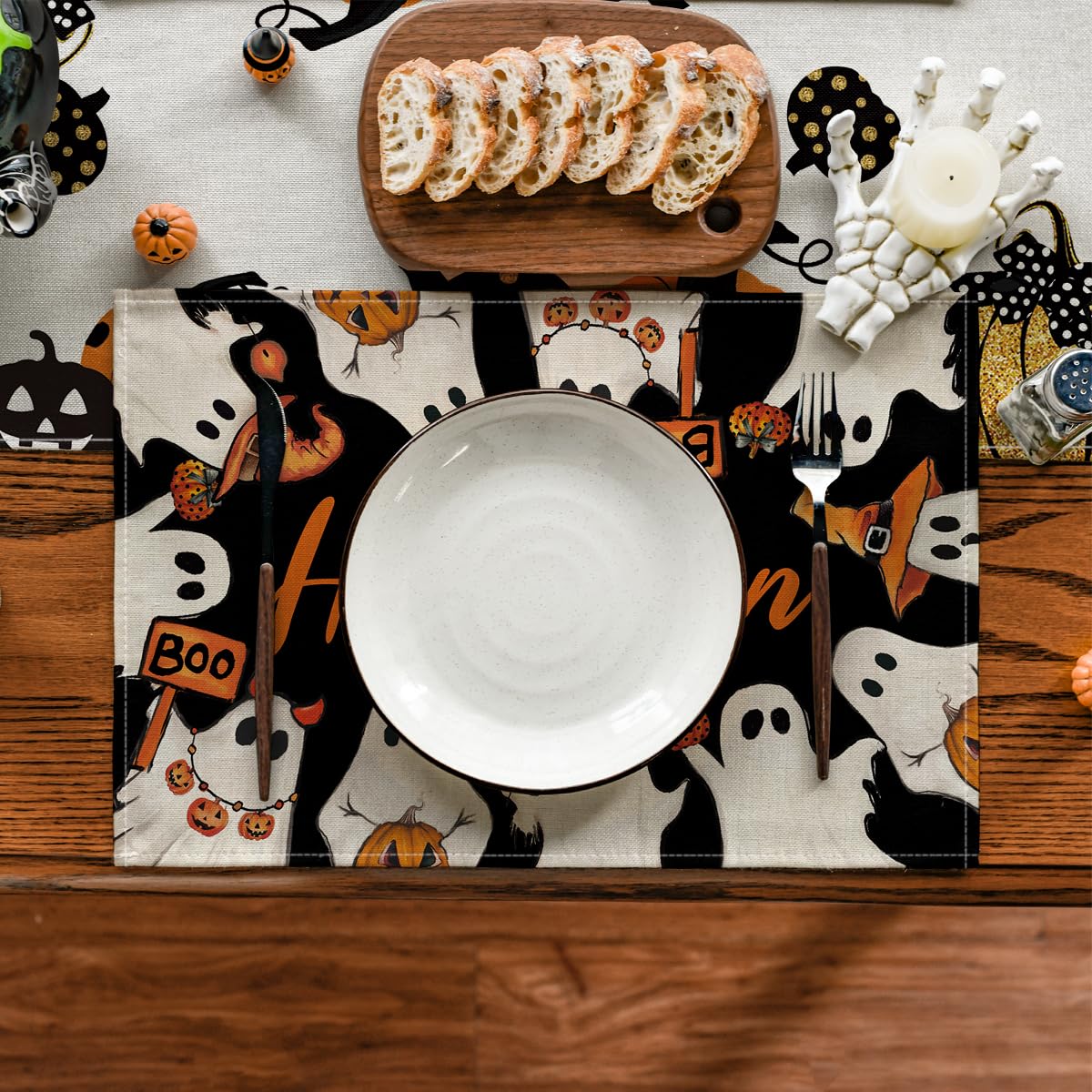 Artoid Mode Ghost Boo Halloween Placemats Set of 6, 12x18 Inch Seasonal Table Mats for Party Kitchen Dining Decoration