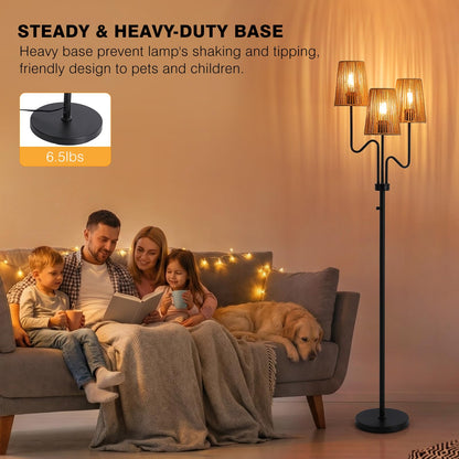 9MMML Farmhouse Boho Dimmable Floor Lamp with Rattan Shade, 68'' Tall Floor Standing Lamp, 3-Light Floor Lamp for Living Room, Bedroom, Office, Corner, 3 x E26 LED Bulb Included
