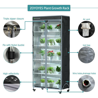 ZOYOYES Indoor Greenhouse 6-Tier Plant Rack with Cover, 5 T8 Grow Lights, Thermometer & Timer – Seedlings, Flowering, Herbs & Vegetables, Indoor Gardening, Easy Assembly 30" W x 14" D x 72" H