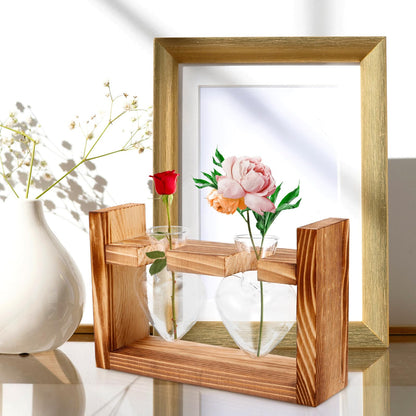 Mobestech Glass Vase with Wooden Stand Heart-Shaped Hydroponic Terrarium for Indoor Plants Desktop Plant Decor Home Vase Set with 2 Glass Containers