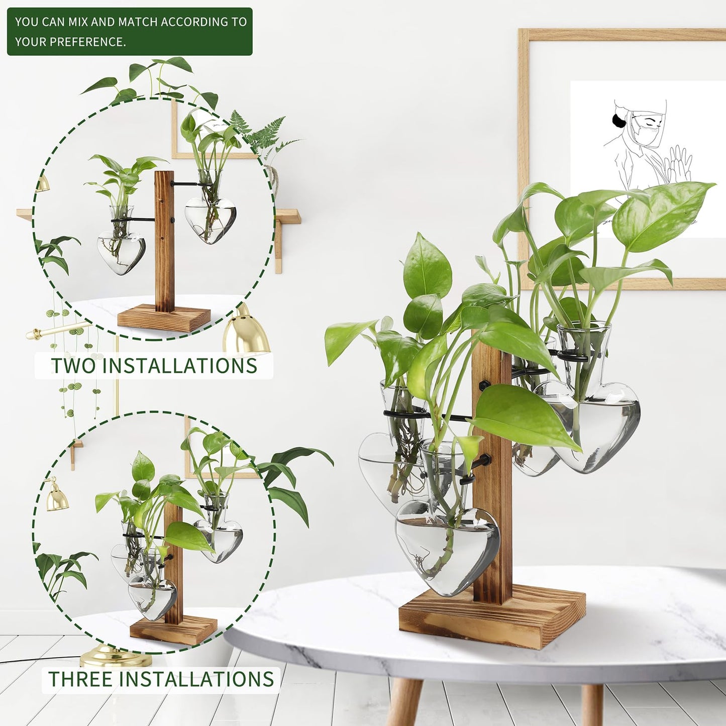 CYZglass Plant Terrarium Propagation Stations with Wooden Stand, Glass Vase for Indoor Hydroponics Home Garden Office Decoration Gift for Women - 4 Love Bulb Vase