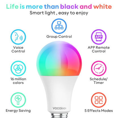 VOCOlinc Smart Light Bulb Works with Apple Homekit, Alexa, Google Home, Dimmable WiFi Smart Bulbs, 850 Lumens, E26 LED Smart Bulb 60 Watt Equivalent, A21, 2200K-7000K RGBW, 9.5W, 1 Pack