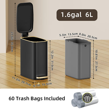 KSSKSS Small Bathroom Trash Can with Lid Soft Close, Step Pedal, 6L / 1.6 Gal Stainless Steel Garbage Bin with Removable Inner Bucket, Slim Wastebasket for Narrow Spaces (Black)