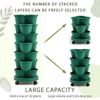 Umigy 2 Set Dark Green 7 Tier Stackable Vertical Planters with Removable Wheels and Tools Tower Planters Strawberry Herb Flower Vegetable Pots Indoor Outdoor Gardening Pots