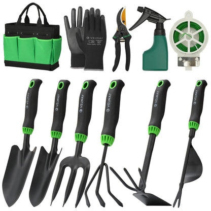 Velway Garden Tools Set -11-Piece Heavy Duty Hand Tool Kit with Ergonomic Handles, Rust-Proof, Carry Tote Bag – Gardening Gifts for Women & Men (Green)