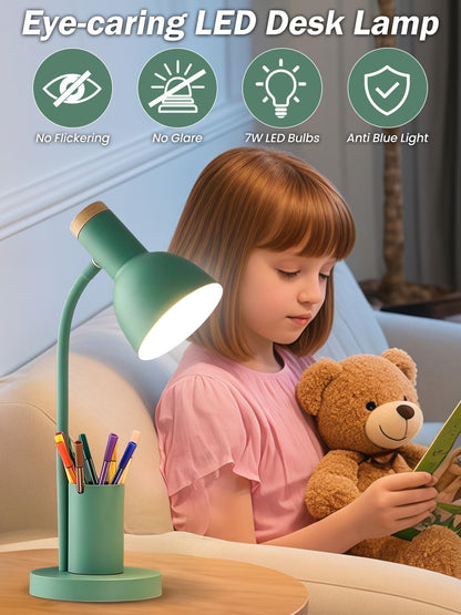 DSYHYL LED Desk Lamp for Home Office, Table Lamp with Pen Holder, 3 Color Modes Reading Light, Eye-Caring Desk Light with Gooseneck, Metal Study Lamp for Dorm Bedside Bedroom (Green Lamp)