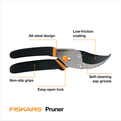 Fiskars Bypass Pruning Shears, 5/8" Cut Capacity Gardening Scissors, Self-Cleaning Sap Groove Prevents Sticking, Non-Slip Grip for Cutting Stems & Branches, Sharp Steel Blades w/ Low-Friction Coating