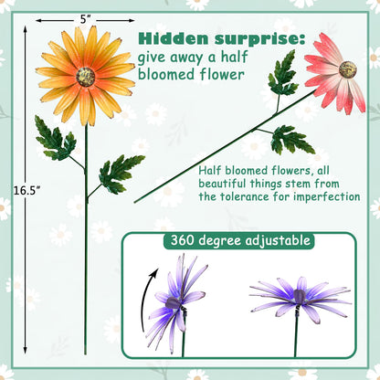 WKHOMEDECO Metal Flowers for Outside, 4 Pack Decorative Garden Stakes with Spring Design, 16.5 Inch Handmade Iron Outdoor Metal Garden Decor, Flickering Daisy Yard Art for Patio Lawn
