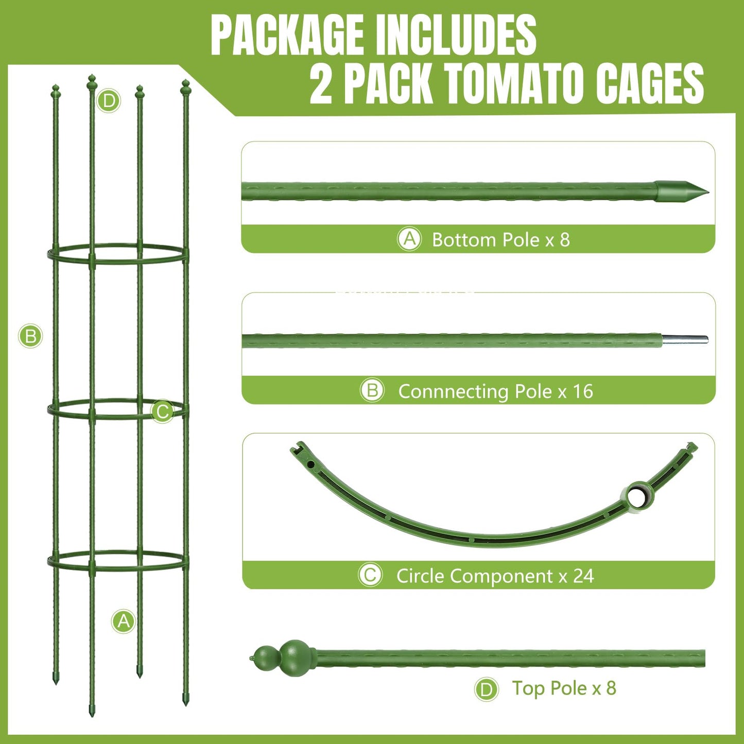 joyhalo 2 Pack Tomato Cage for Garden, Up to 59 Inch Heavy-Duty Tomato Trellis, Height Adjustable Garden Trellis for Climbing Plants Vegetables Flowers Cucumber Peony