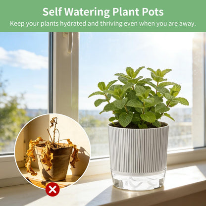 NIMBLOOM 6 Pcs Self-Watering Plant Pots, Plastic Flower Pots with Wick Rope & Reservoir for Indoor Plants, African Violet Planters for Desk, Windowsill, Garden
