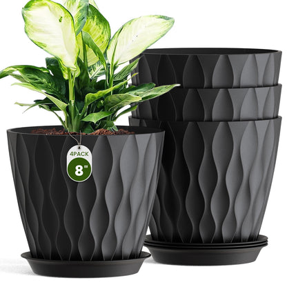 Areutxbis 8 Inch Wave Plant Pots with Drainage Holes & Saucers, 4 Pack Modern Textured Medium Planters for Indoor Outdoor Plants, Decorative Flower Pots Repotting Set for Flowers, Herbs (Black)