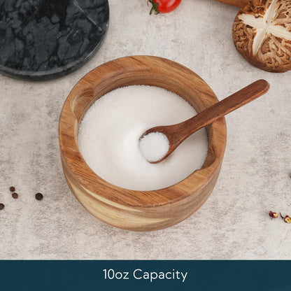 KITCHENDAO Large Acacia Salt Cellar Box Bowl with Built-in Spoon and Marble Lid, Solid Natural Acacia Wood Bath Sea Salt Container, Black Marble Lid, Pepper Sealer Pinch Bowl, 10oz Capacity