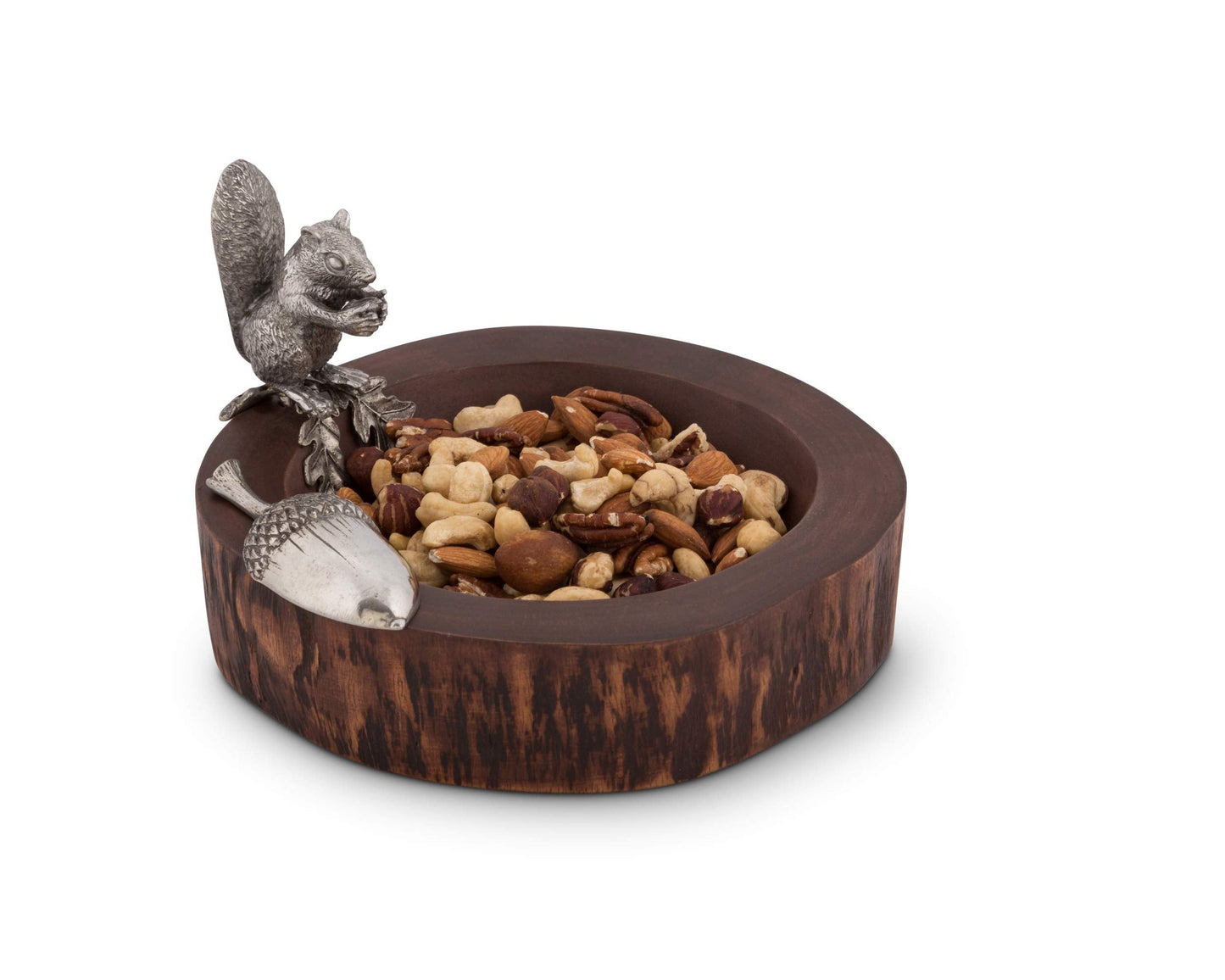 Vagabond House Wood Nut/Candy Bowl with Standing Pewter Squirrel and Metal Pewter Scoop 8 inch Diameter