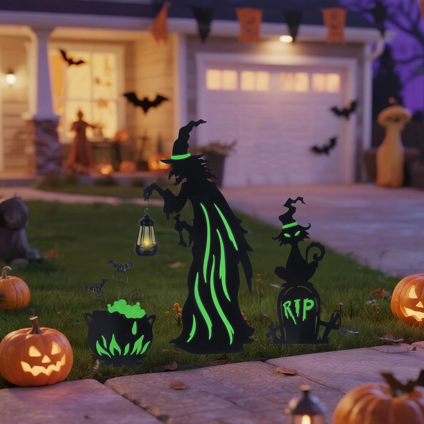Prsildan Halloween Decorations Outdoor - 3 Pack Metal Witch Yard Stakes with Solar Lantern & Glow in The Dark Cauldron + Tombstone, Lighted Witches Silhouette Decor for Porch Garden Lawn Cemetery