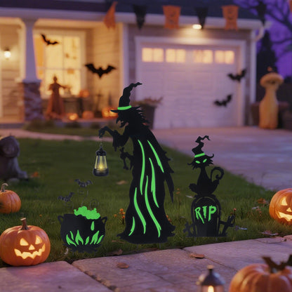 Prsildan Halloween Decorations Outdoor - 3 Pack Metal Witch Yard Stakes with Solar Lantern & Glow in The Dark Cauldron + Tombstone, Lighted Witches Silhouette Decor for Porch Garden Lawn Cemetery