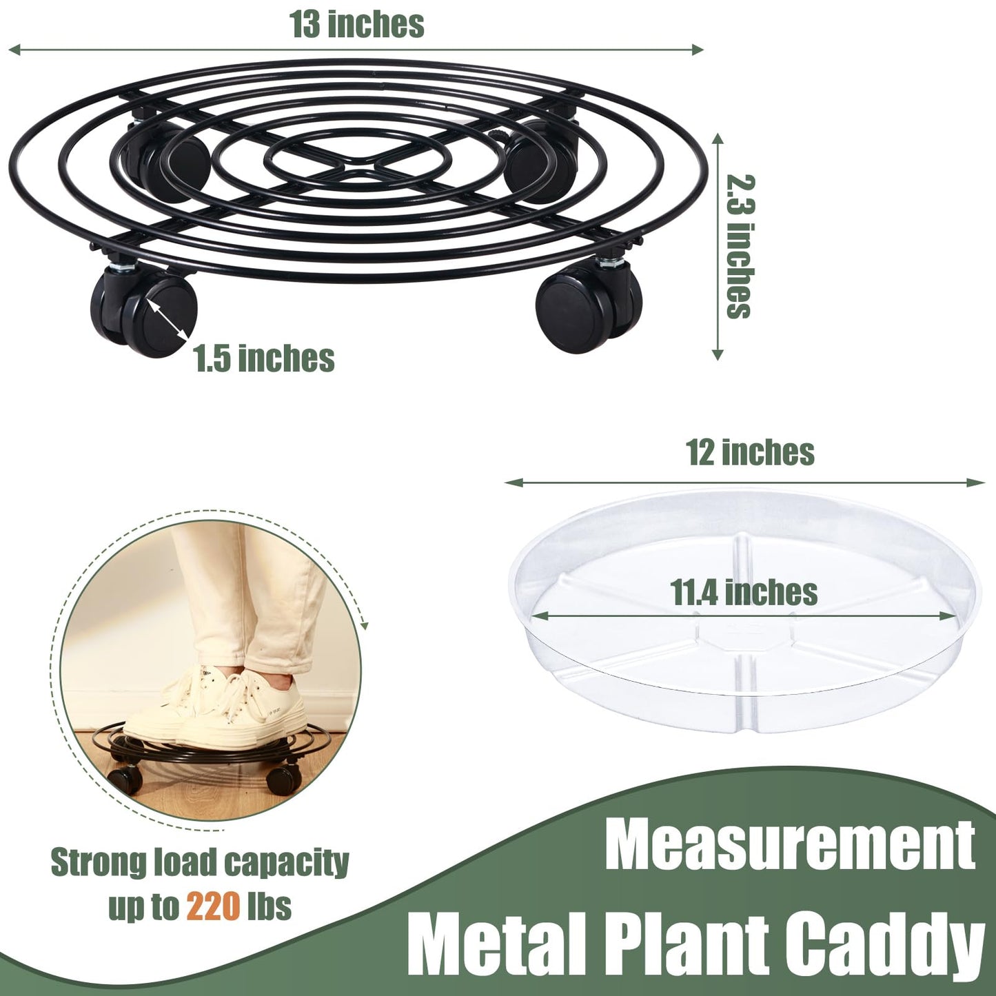 6 Packs 13 Inches Large Metal Plant Caddy with Wheels Rolling Plant Stands Heavy-duty Wrought Iron Plant Roller Base Pot Movers Plant Saucer on Wheels Indoor Outdoor Plant Dolly with Casters Planter Tray