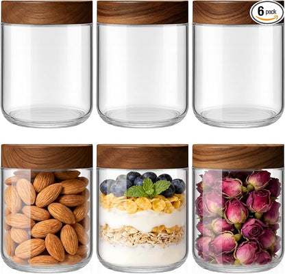 Bumobum 16 oz Overnight Oats Containers with Lids, Glass Mason Jars with Acacia Wood Airtight Lid, Wide Mouth Glass Canisters for Food Storage Chia Pudding Snacks Yogurt Spice Meal Prep, 6-Pack