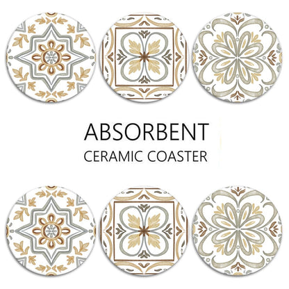 Bribay Coaster for Drinks Set of 6, Ceramic Gray Moroccan Talavera Absorbent Round Ceramic Stone Mat, with Cork Base and Metal Holder, Gift for Housewarming Room Bar Decor