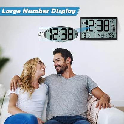 Amgico Digital Wall Clock,16.7" Large Display Atomic Clock, Battery Operated,Digital Calendar Auto Setting with Indoor Temperature, Humidity,Date,Day,Auto DST Desk Clock for Elderly Bedroom Classroom