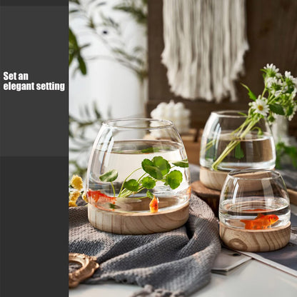 Glass Vase with Wooden Support Base, 1pcs Clear Glass Bubble Vase, Hydroponic Plant Terrarium Aquarium Goldfish Bowl for Home Office Centerpieces Flower Arrangement Decor (A 30 × 24 × 24 cm)
