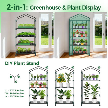 Ohuhu Small Greenhouse for Indoor Outdoor with Wheel, Portable Plastic Plant Green House 4-Tier Rack Stand Portable Greenhouses with Durable PE Cover for Seedling
