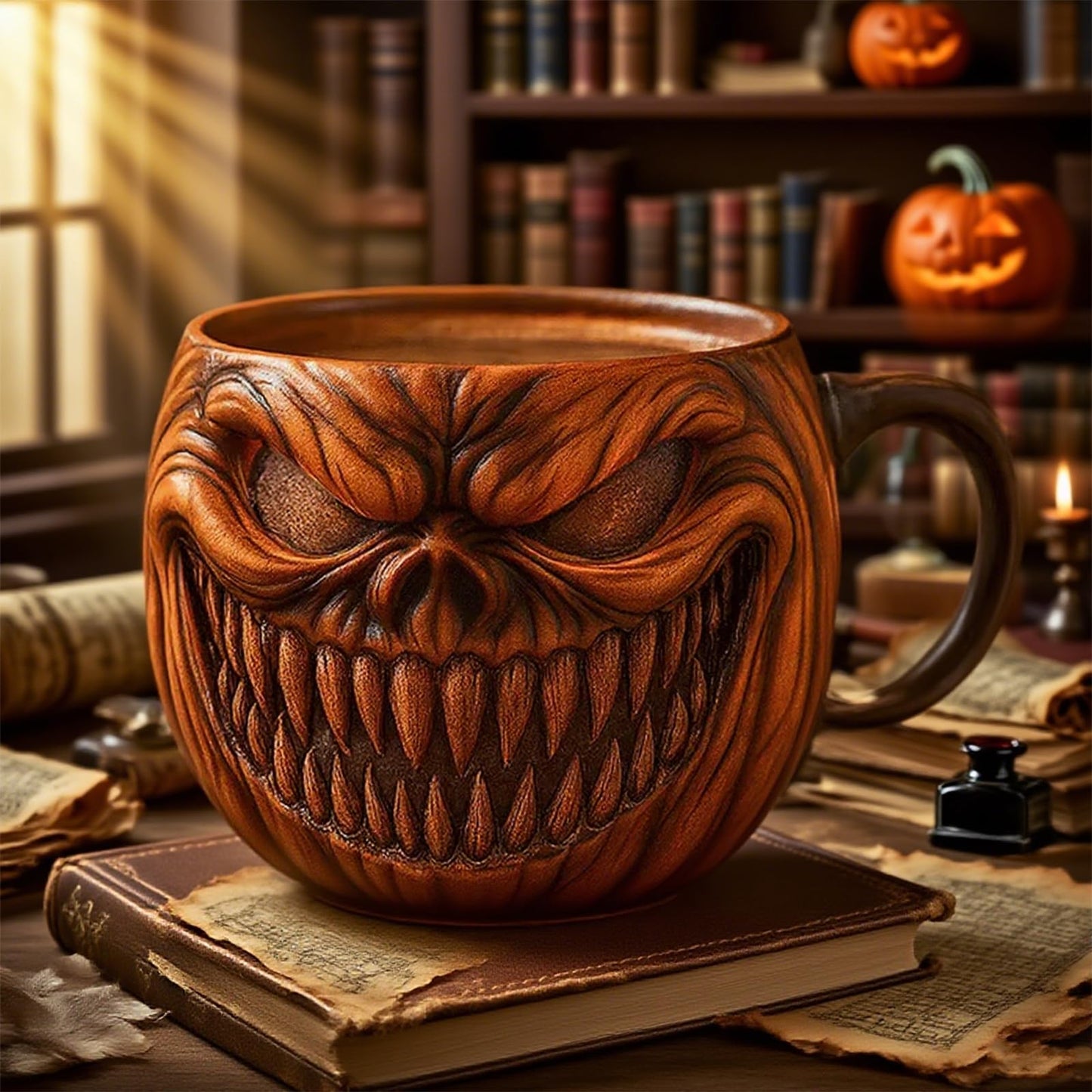 KBBYT 15 oz Halloween Pumpkin Mugs,Halloween Horror Pumpkin Cup Decorations Resin Cute Pumpkin Coffee Mug for Fall Adults Birthday Tabletop Gifts