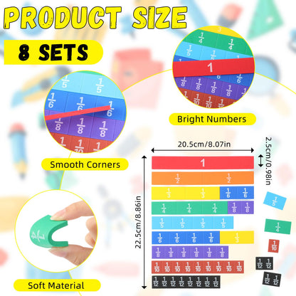 Sayglossy 8 Sets Fraction Tiles Sets for Math Fraction Manipulatives Montessori Math Materials EVA Foam Algebra Tiles Games for Classroom Teaching Aids, Homeschool Supplies
