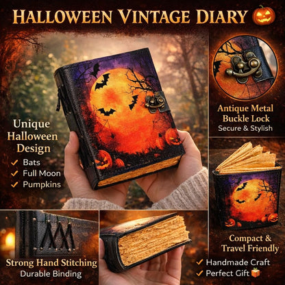 cuero Leather Halloween Journal with Pumpkin & Bat Print, Vintage Handmade Diary with Antique Metal Lock, Thick Handmade Paper, Gothic Notebook for Writing, Sketching & Gift (6.5 x 5)