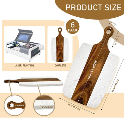 6 Pack Marble and Wood Cutting Board Acacia Wooden Marble Serving Tray with Handle Charcuterie Chopping Board for Laser Engrave, DIY Gift(13.75 Inches x 7.25 Inches)