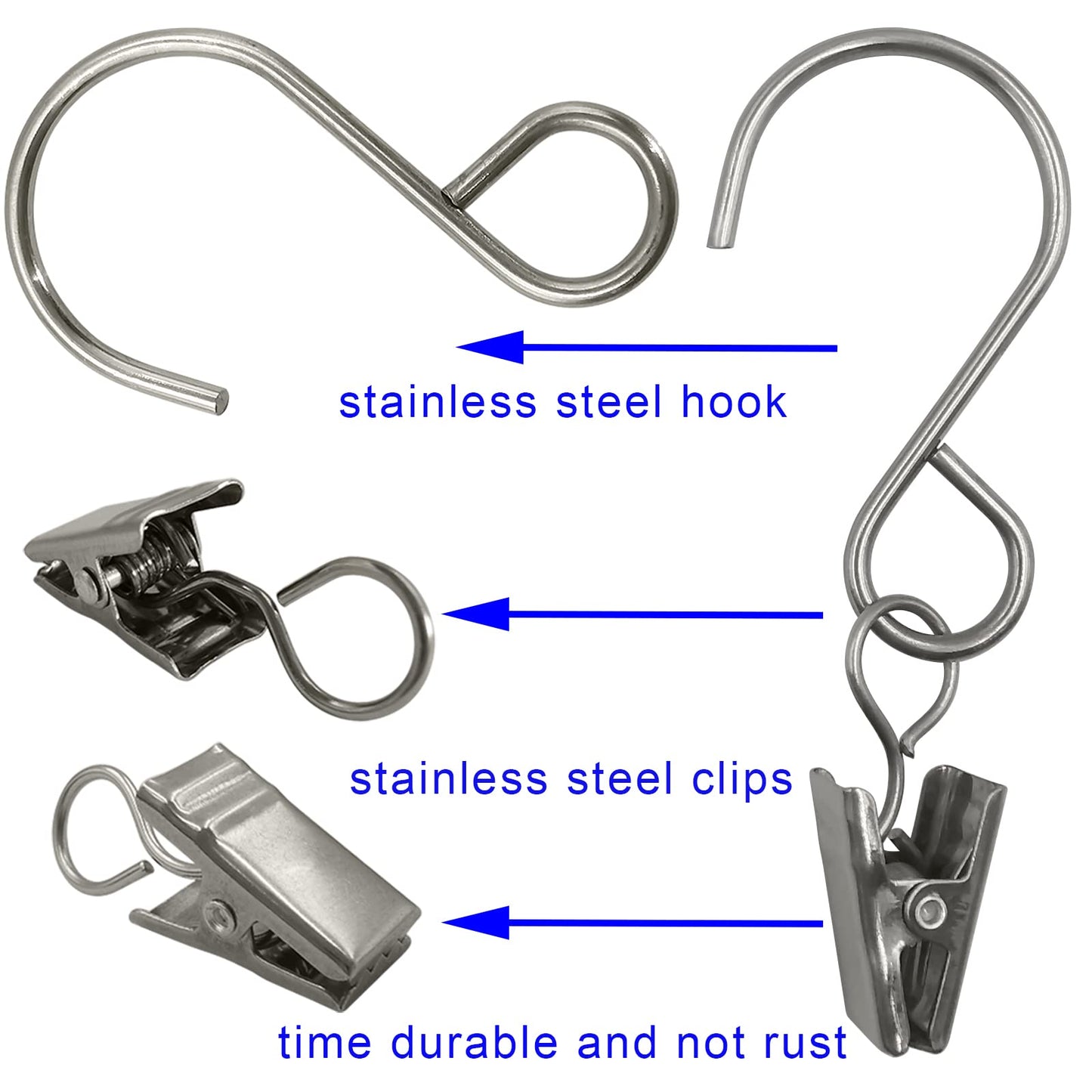 AMZSEVEN Stainless Steel S Hooks Curtain Clips, 50 Pack Hanging Party Lights Clips, Hangers Gutter Photo, Art Craft Display, 3 Inch Long, Silver