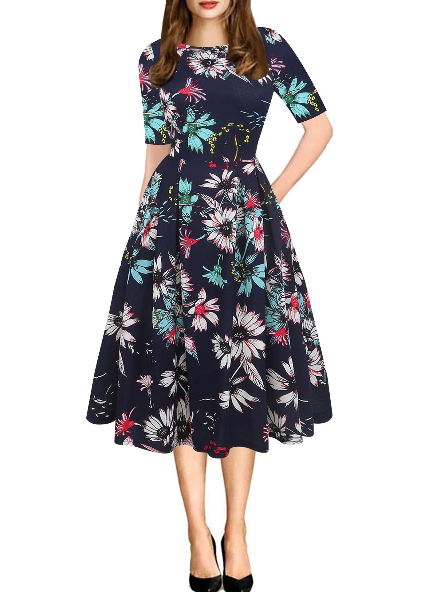 oxiuly Womens Half Sleeve Elegant Vintage Dress Casual Fit and Flare Church Wedding Guest Work Dresses with Pockets OX165 (Navy Blue F, m)